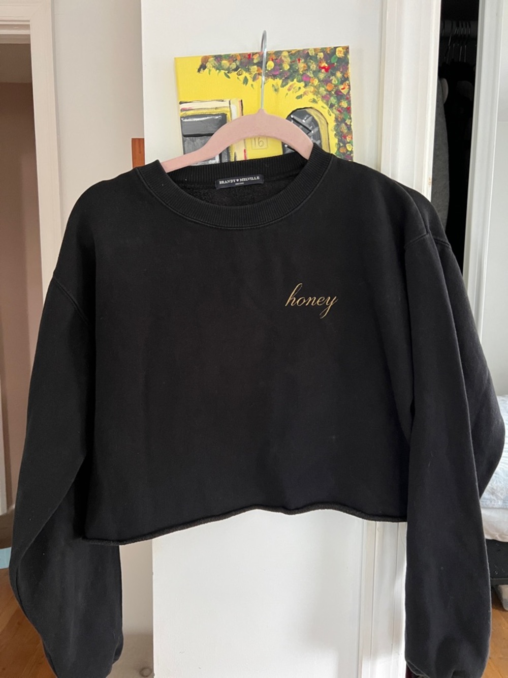 Brandy Melville Black Sweatshirt with Yellow "honey" Embroidery